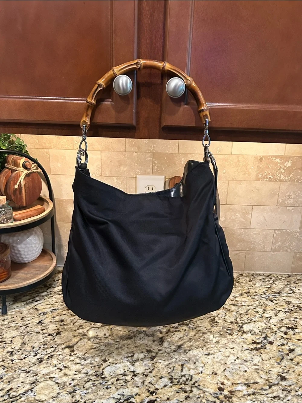 Gucci Two-Way Hobo Bag w/ Bamboo Handle - Vintage Black Nylon and Leather Trim